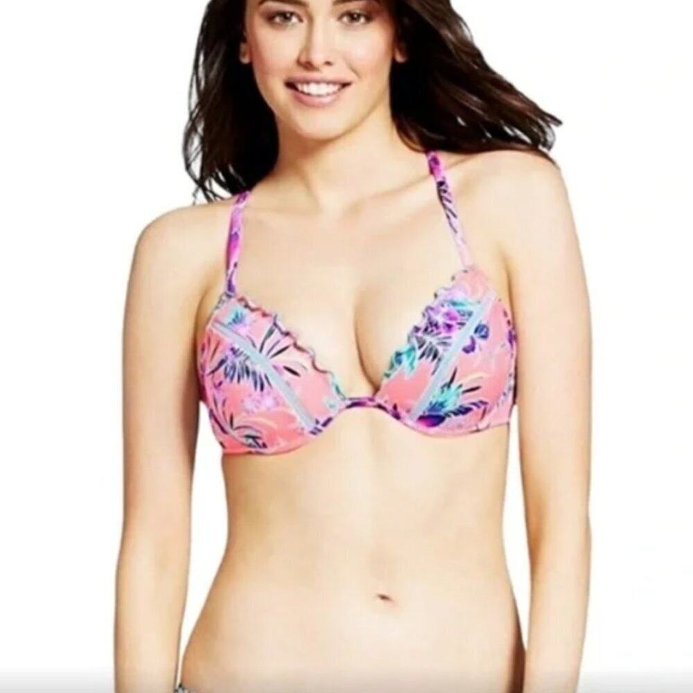 Coral Tropical Curly Trim Crisscross Bikini Set | Shade & Shore | 34B